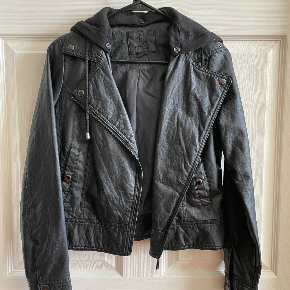 Faux leather jacket with removeable cotton hood